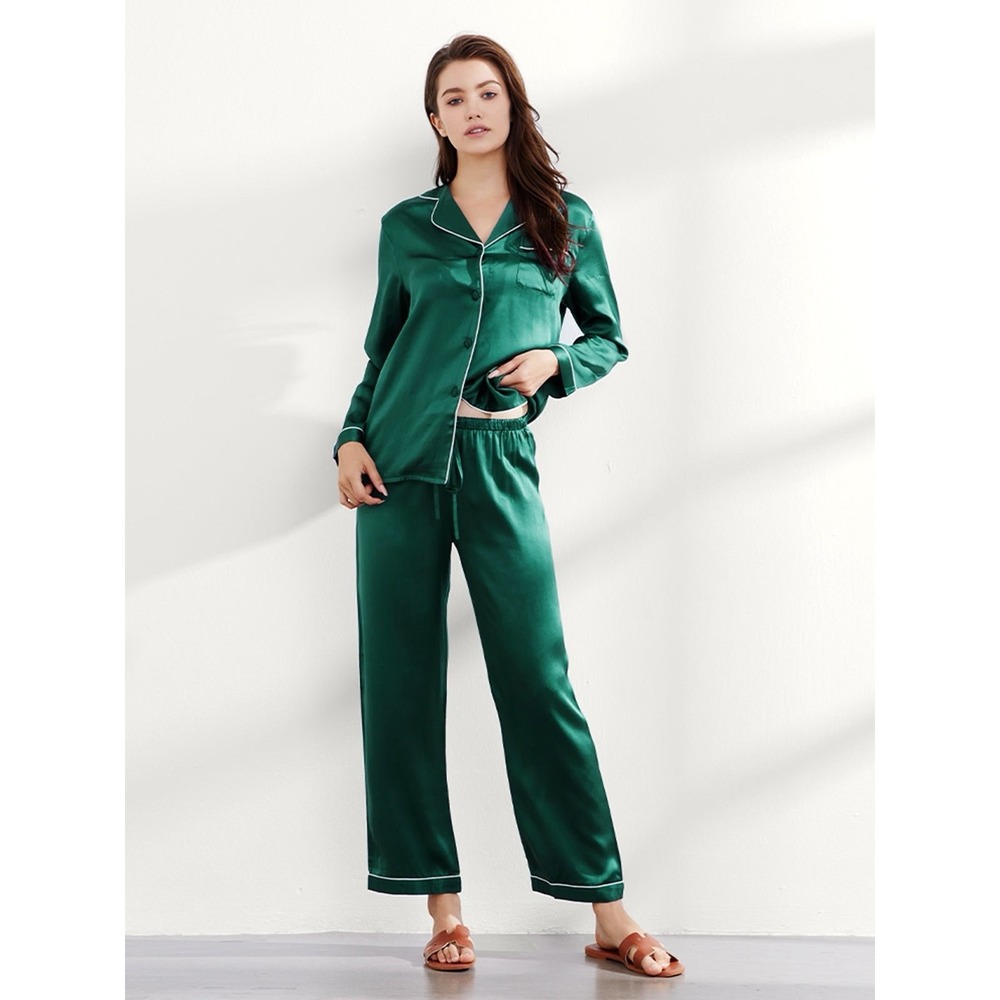 ThxSilk Hunter Green Pajamas PJs Set Sz Medium 100% Mulberry Silk Button Down